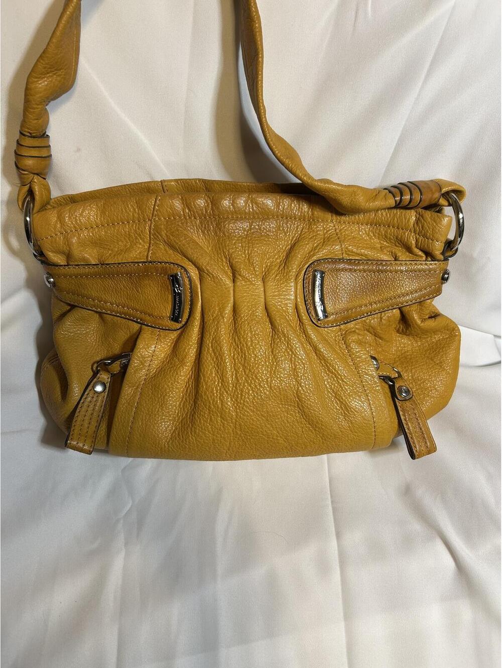 B. Makowsky Mustard Yellow Leather Shoulder Bag Soft Slouchy Zip Pockets